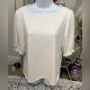 Ann Taylor Factory women's white crewneck  ruffled short sleeve blouse size L